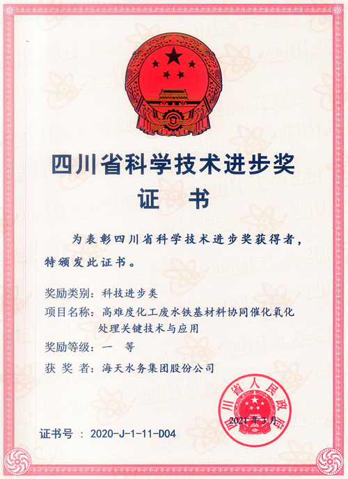 四川省科学技术进取奖-项目名称高难度化工废水铁基资料协同催化氧化处置关键技术与利用一等获焦剡PP王者电子